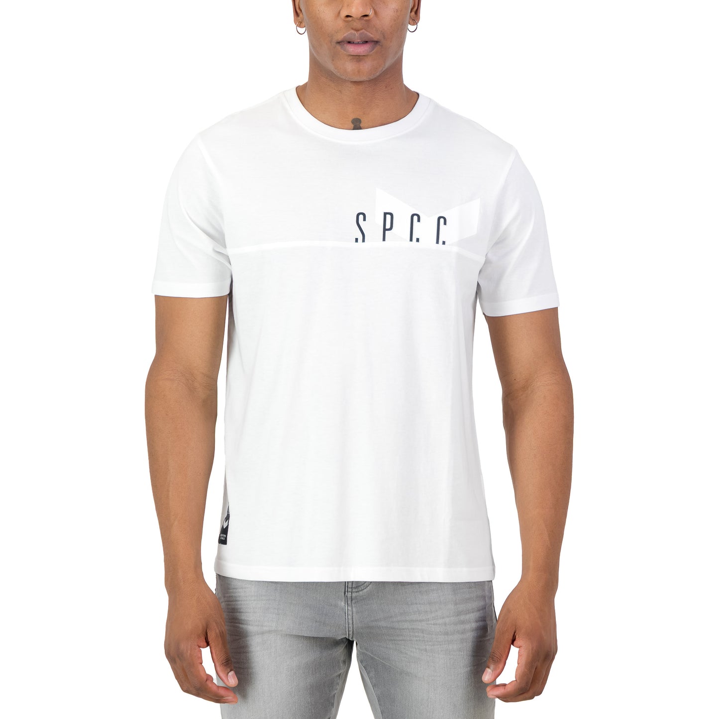 Surge Atlas Tee - White on model showcasing SPCC print and clean silhouette for stylish streetwear.