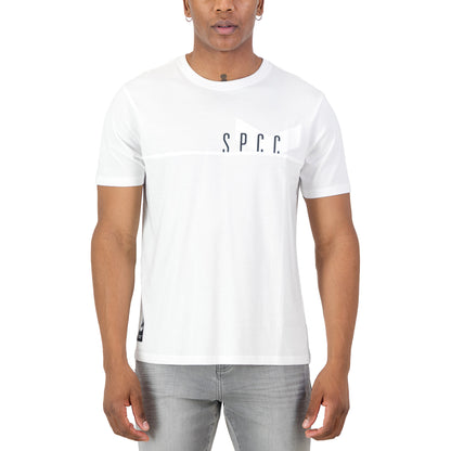 Surge Atlas Tee - White on model showcasing SPCC print and clean silhouette for stylish streetwear.
