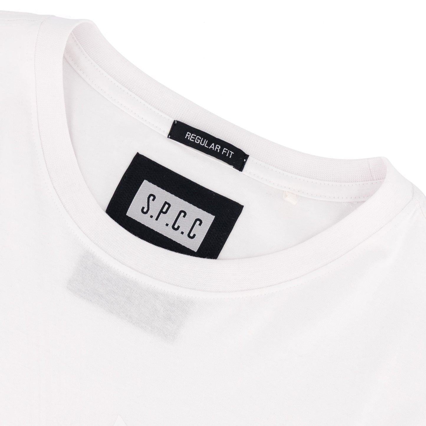 Surge Atlas Tee - White close-up of the neckline and label showcasing SPCC Regular Fit detail.