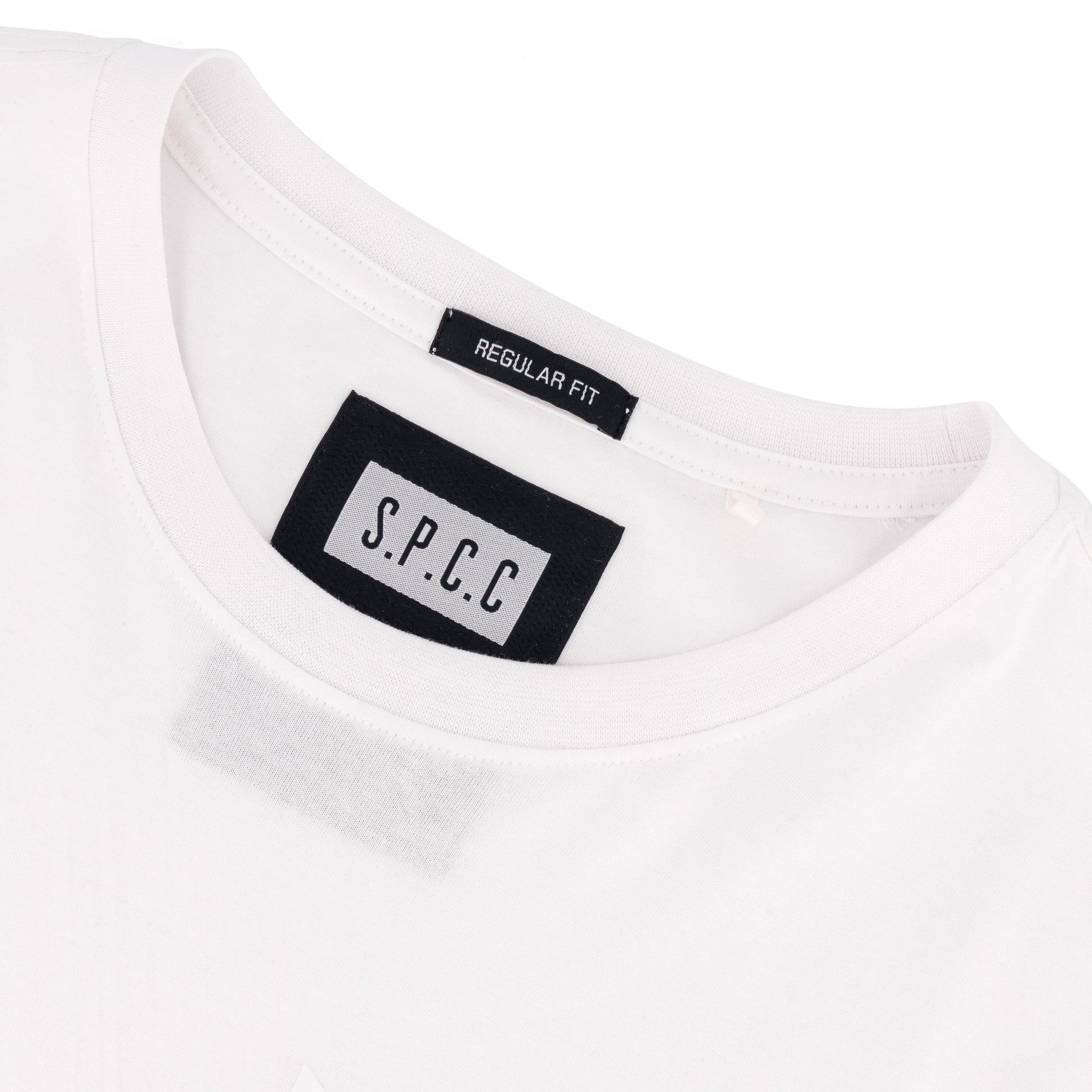 Surge Atlas Tee - White close-up of the neckline and label showcasing SPCC Regular Fit detail.