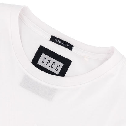 Surge Atlas Tee - White close-up of the neckline and label showcasing SPCC Regular Fit detail.