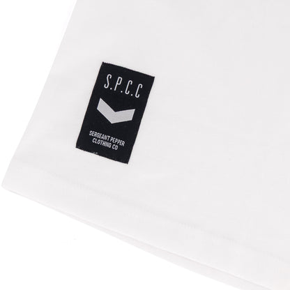 Surge Atlas Tee - White with SPCC woven badge on cuff for stylish streetwear comfort.