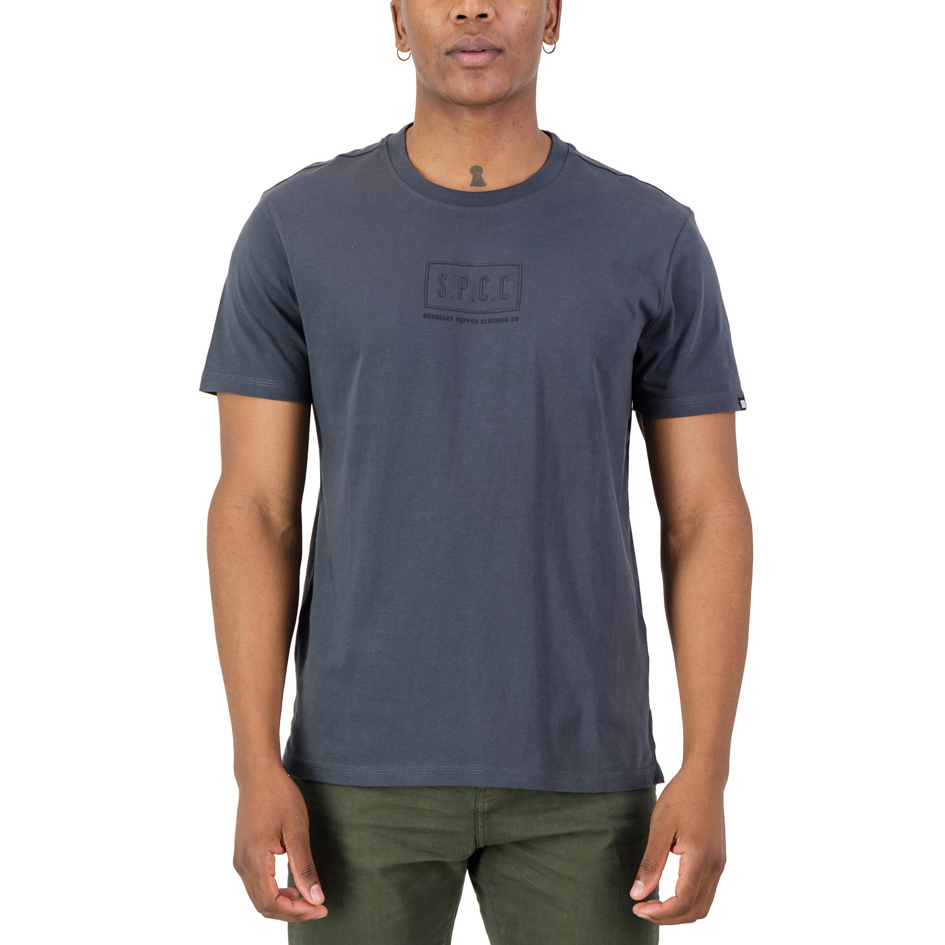 Rhett Tee - Charcoal featuring SPCC details on a model, showcasing slimline fit and soft fabric.