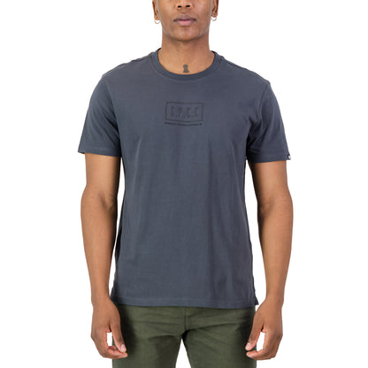 Rhett Tee - Charcoal featuring SPCC details on a model, showcasing slimline fit and soft fabric.