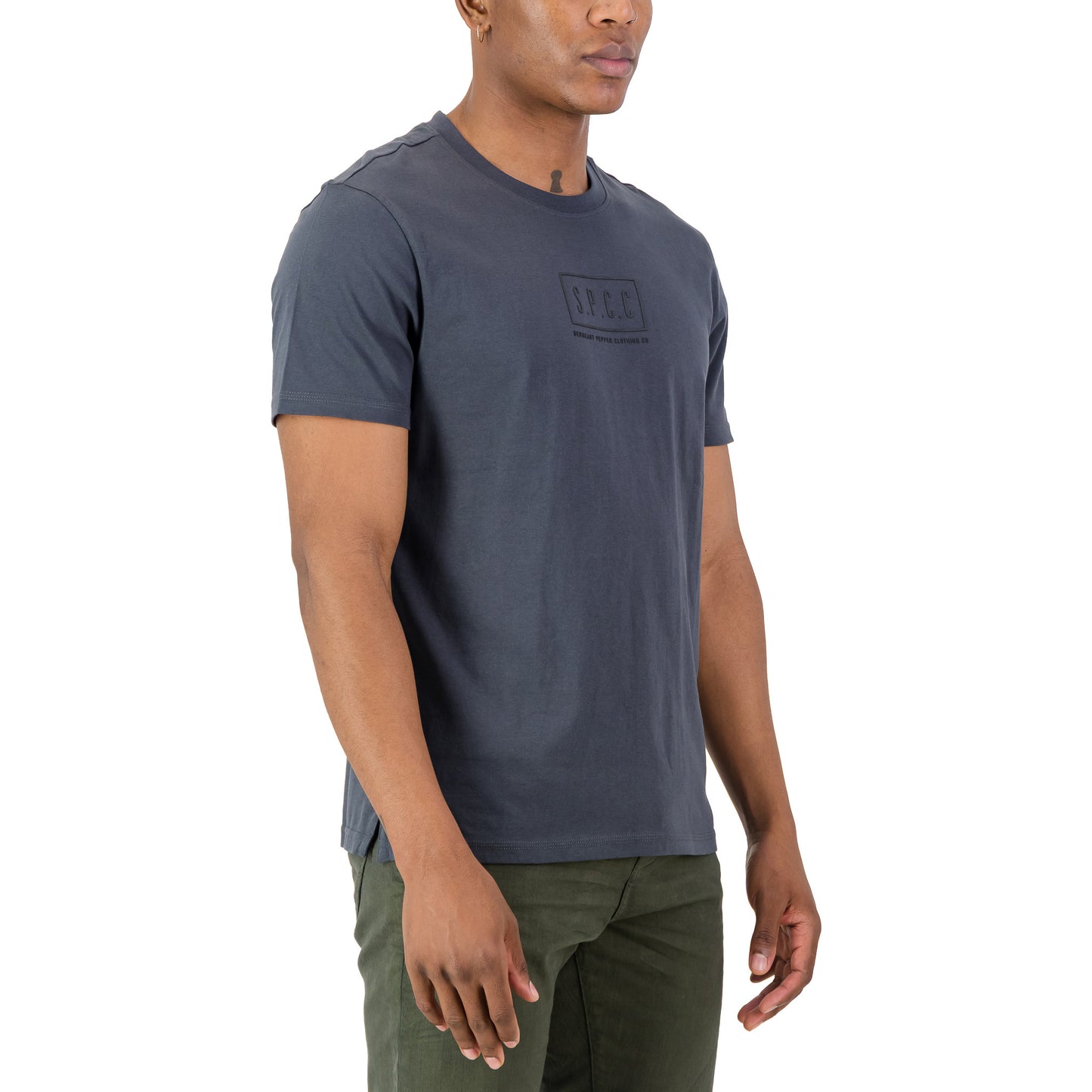 Rhett Tee - Charcoal worn by a model, showcasing its slimline fit and iconic SPCC front print.