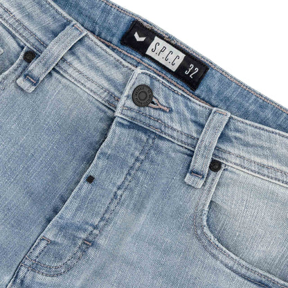 Typhoon Jeans - Bleach close-up of button fly and waistband details in heavy bleach wash denim.