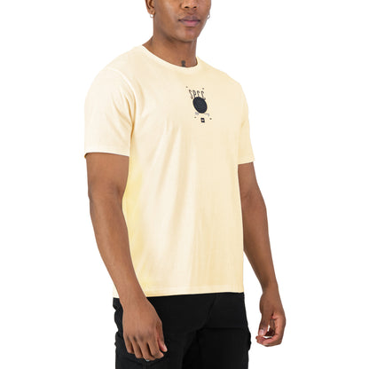 Romain Tee - Off White worn by a model, featuring SPCC print and badge on a soft-touch fabric.