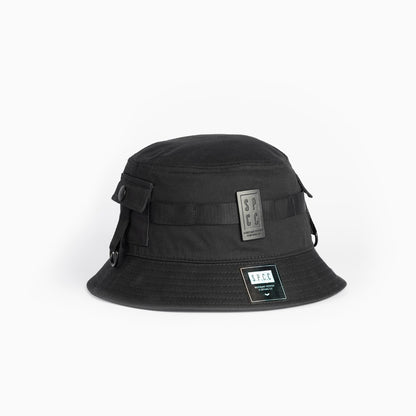 Parreno Bucket Hat - Charcoal showcasing robust twill fabric and SPCC metal badge details.